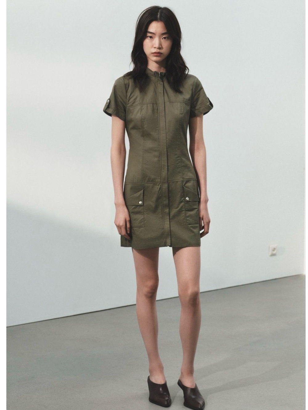 Zara Olive Utility Short-Sleeve Mini Dress